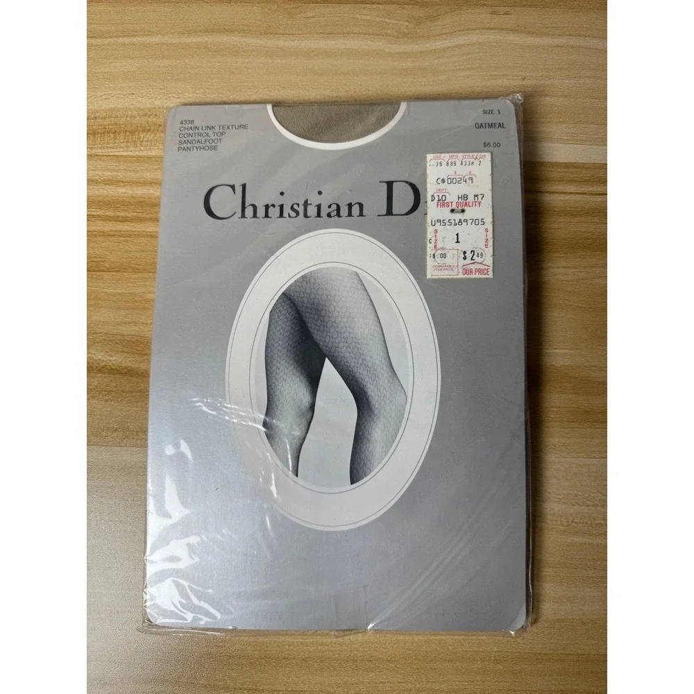 Christian Dior Pantyhose Chain Link Texture Control Top Sandalfoot Oatmeal NEW